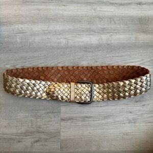 Vintage Fossil Wide Woven Leather Belt Gold Solid Brass Buckle Size Medium